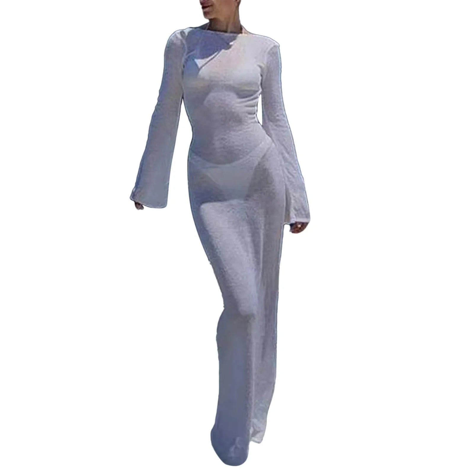 Sheer long-sleeve dress with gradient effect on a white background