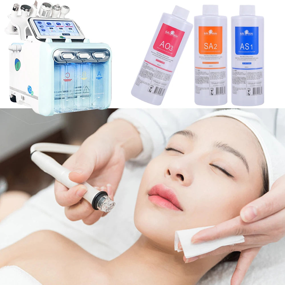 Facial treatment machine with cleaning solution bottles and a person receiving facial treatment.