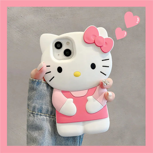Phone case shaped like a cartoon cat with a pink bow and pink frame
