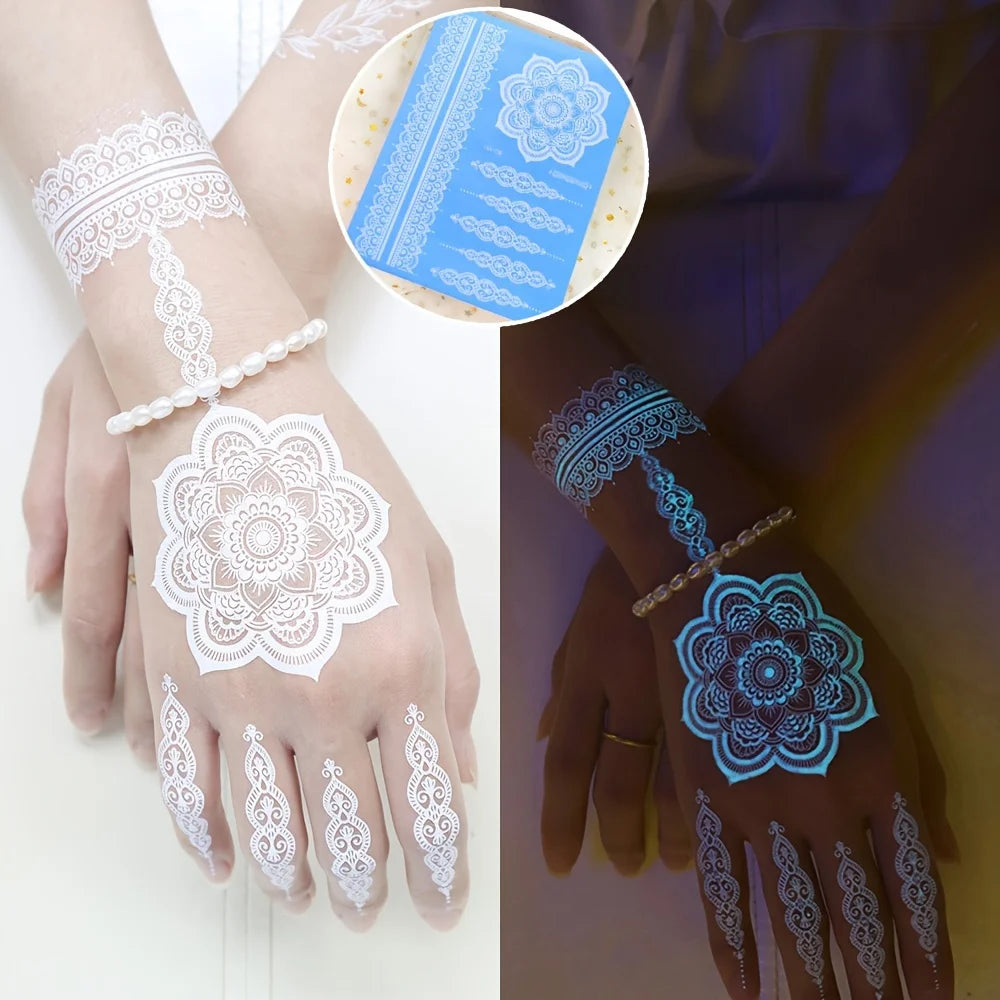 Blue Luminous Henna Tattoo Sticker Girls Tribal White Lace Lotus Tattoos Mandala Flower Fake Jewelry Pendant Temporary Tattoo