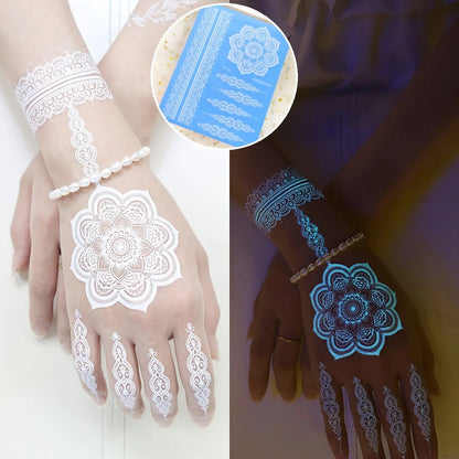 Blue Luminous Henna Tattoo Sticker Girls Tribal White Lace Lotus Tattoos Mandala Flower Fake Jewelry Pendant Temporary Tattoo