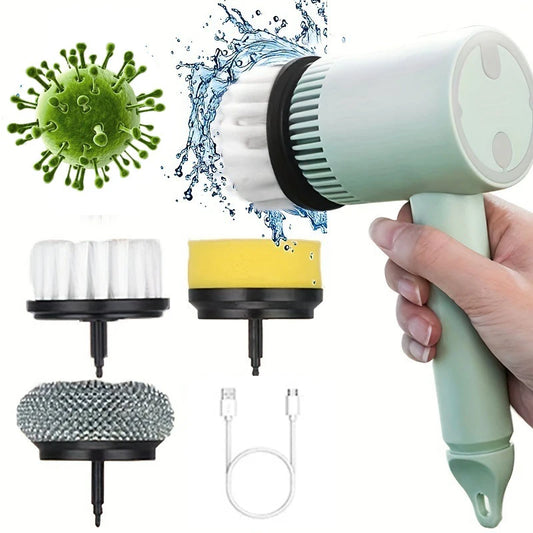 Handheld cleaning tool with interchangeable nozzles and a virus illustration on a white background