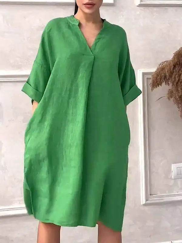 Fashion Cotton And Linen Women's V-neck Loose Dress 2025 Spring And Summer Solid Color Casual Short Sleeved Pocket Midi Dresses - My Chroma Cart