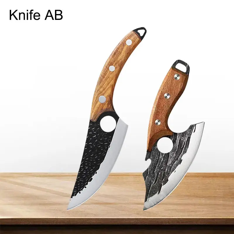 Two knives with wooden handles on a wooden surface and white background