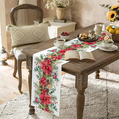 Christmas Poinsettia Bird Pine Cone Linen Table Runner Dresser Scarves Winter Xmas Kitchen Table Runner Christmas Decorations