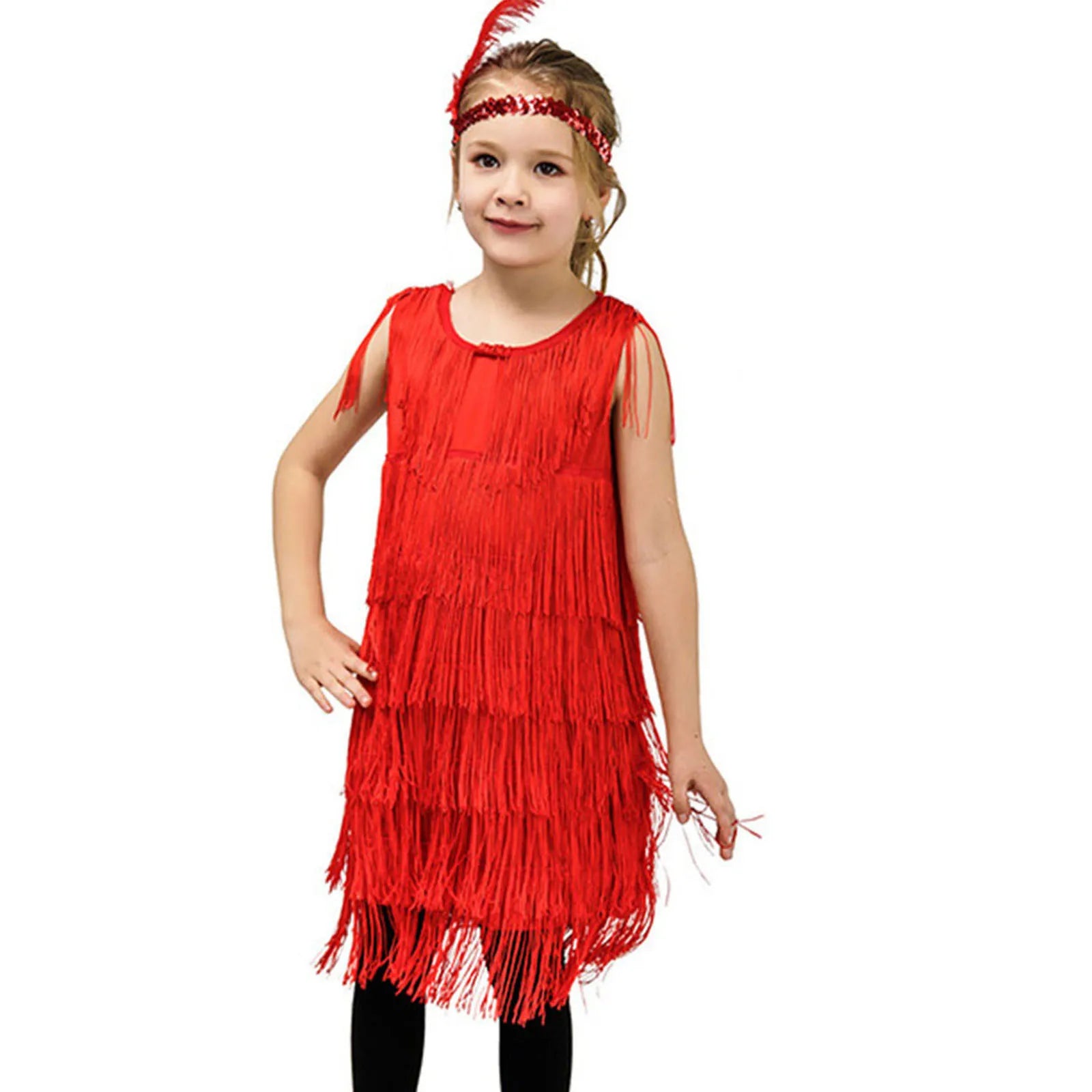 Young girl wearing a red fringe dress on a white background