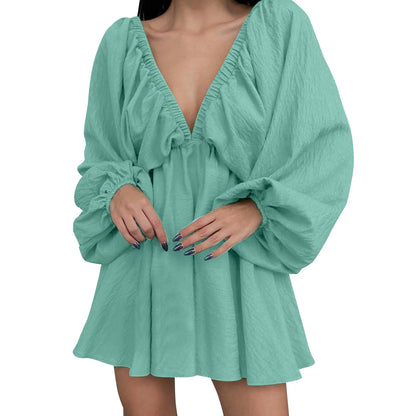 Deep V Pleated Long Sleeve Dress