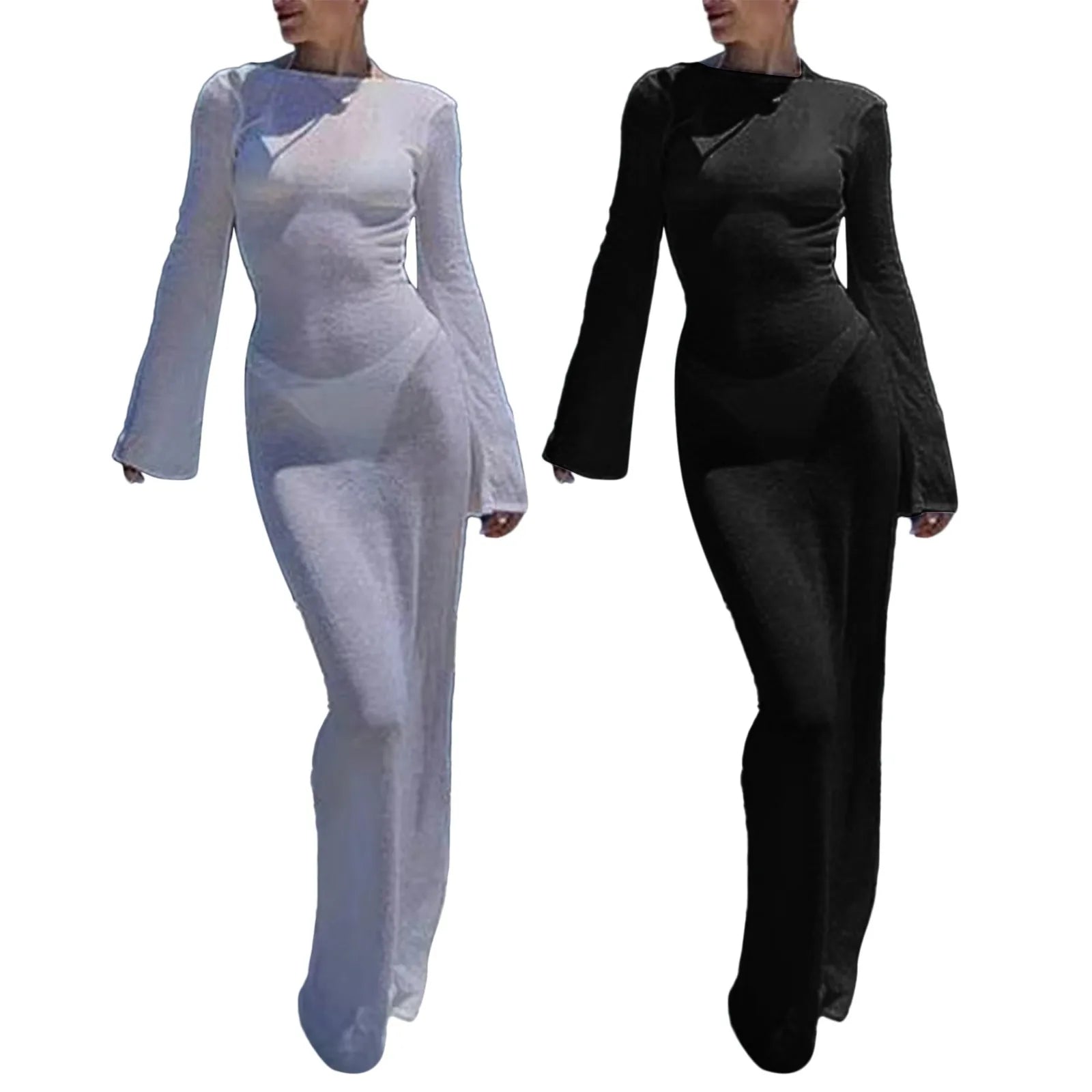 Two outfits, one white and one black, on a plain background