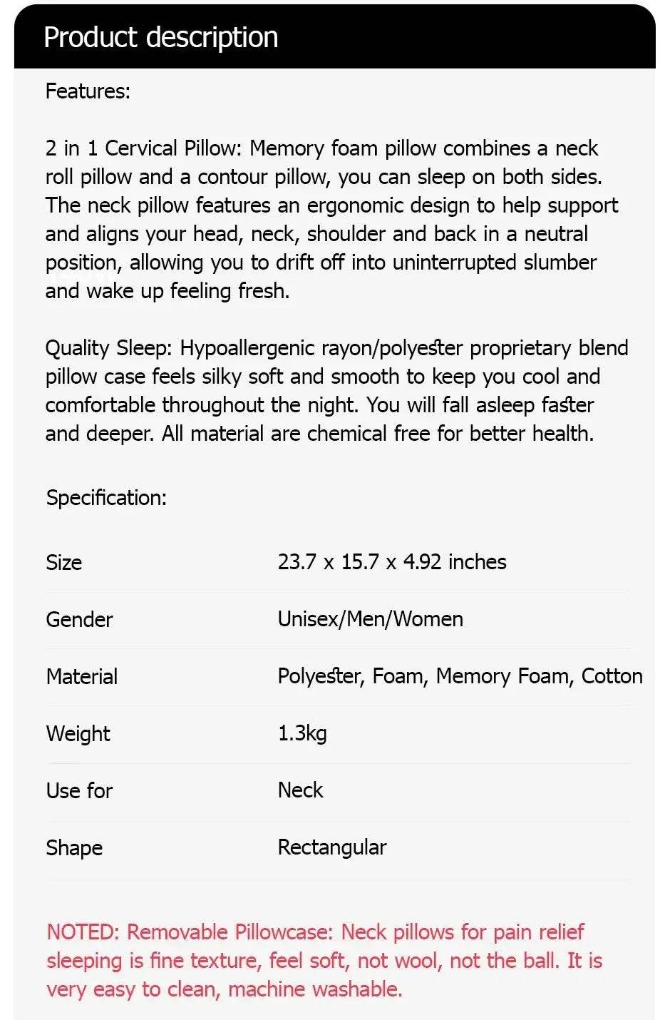 1pc Memory Foam Cervical Pillow, 2 in 1 Ergonomic Contour Orthopedic Pillow for Neck Pain Support Pillows Pillowcase replacement - My Chroma Cart