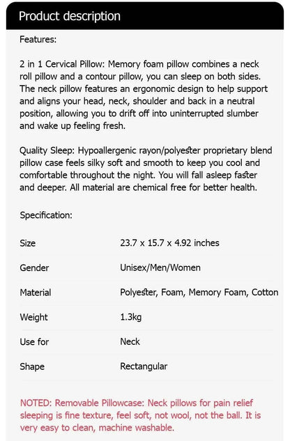 1pc Memory Foam Cervical Pillow, 2 in 1 Ergonomic Contour Orthopedic Pillow for Neck Pain Support Pillows Pillowcase replacement - My Chroma Cart