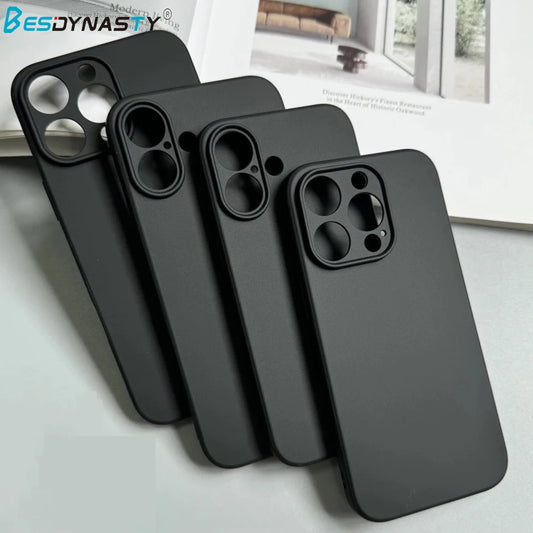 Four black phone cases stacked on a light gray surface with 'BESDYNASTY' branding.