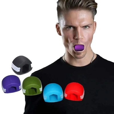 Man wearing a black shirt with colorful mouth guards displayed on a white background