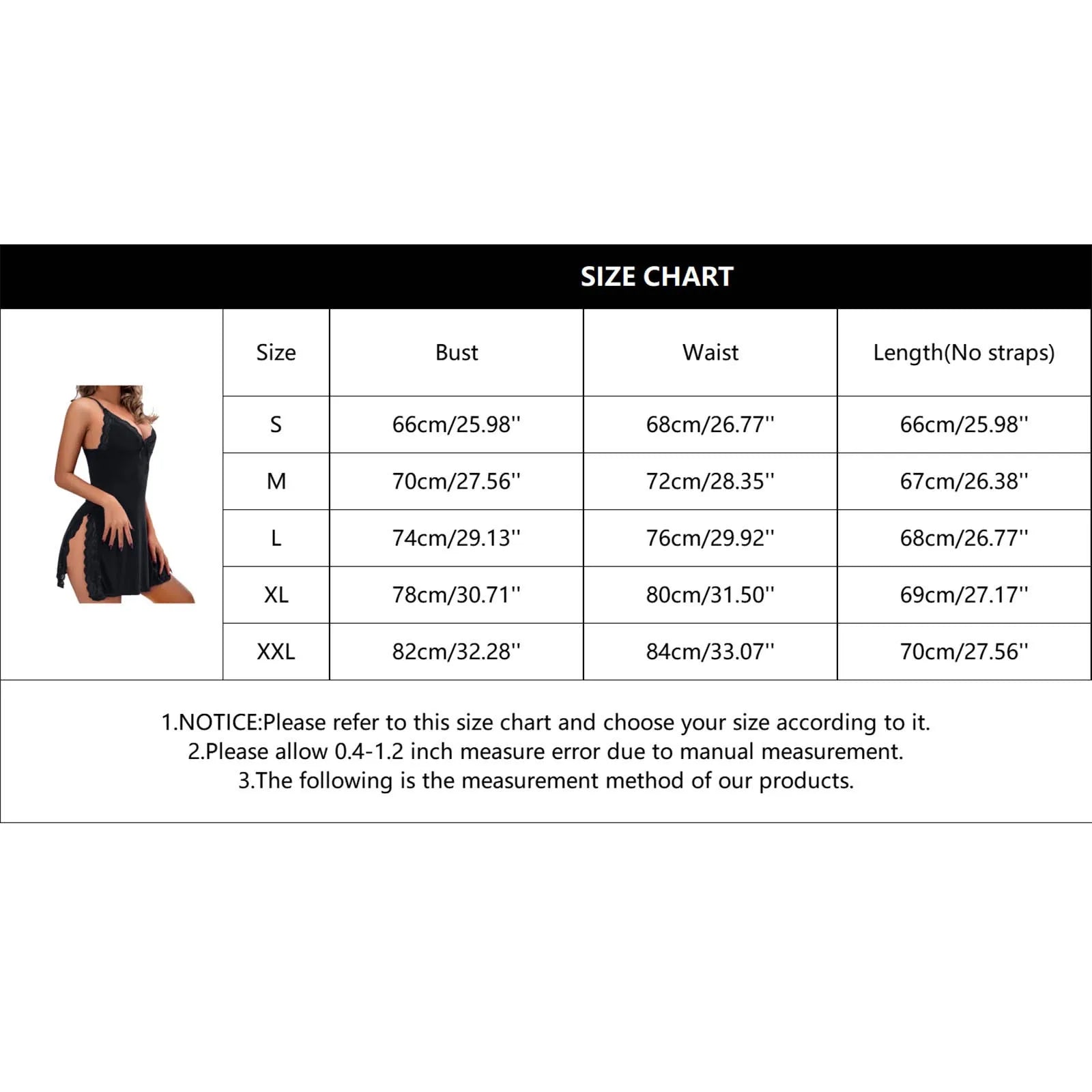 Size chart for a black dress with measurements in centimeters