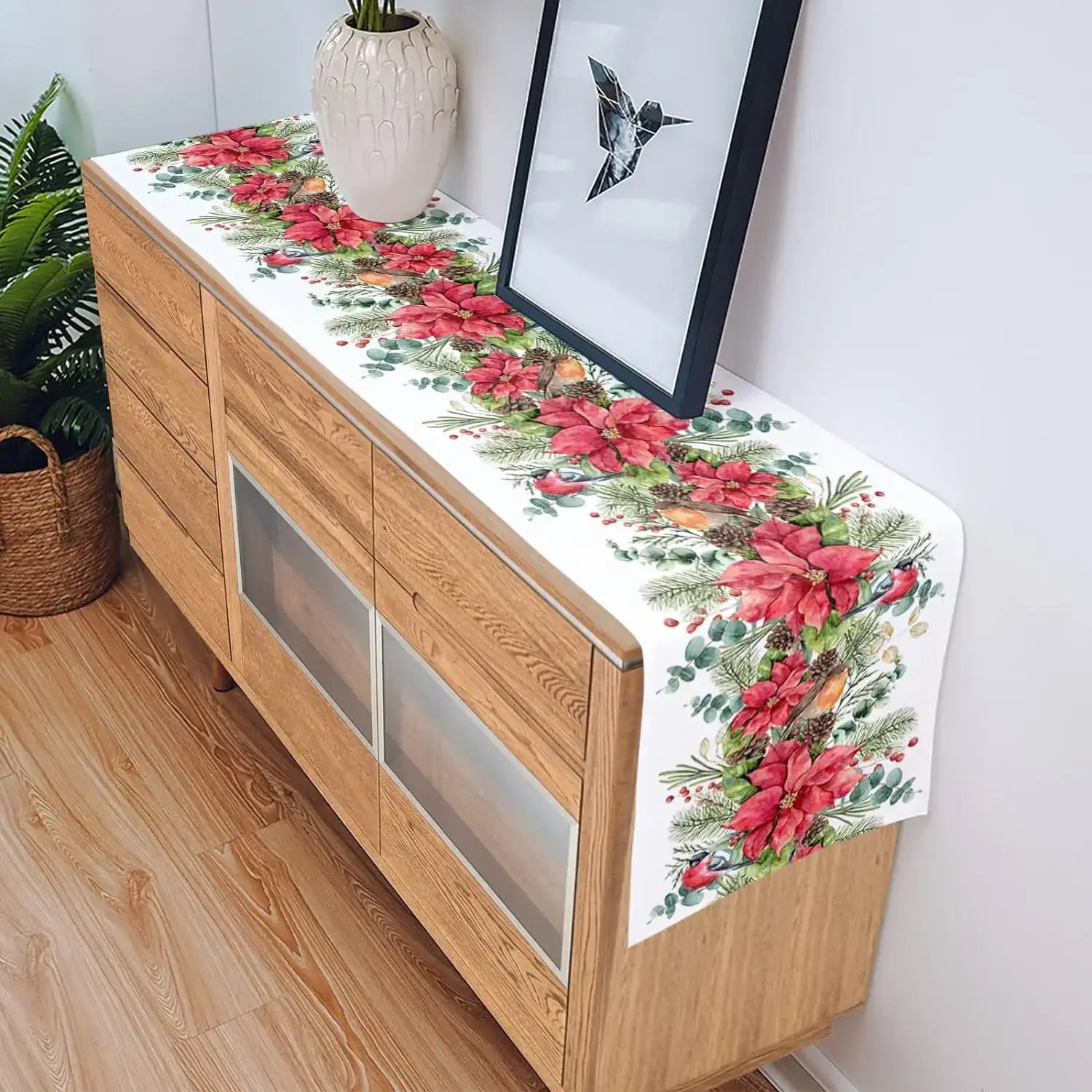 Christmas Poinsettia Bird Pine Cone Linen Table Runner Dresser Scarves Winter Xmas Kitchen Table Runner Christmas Decorations