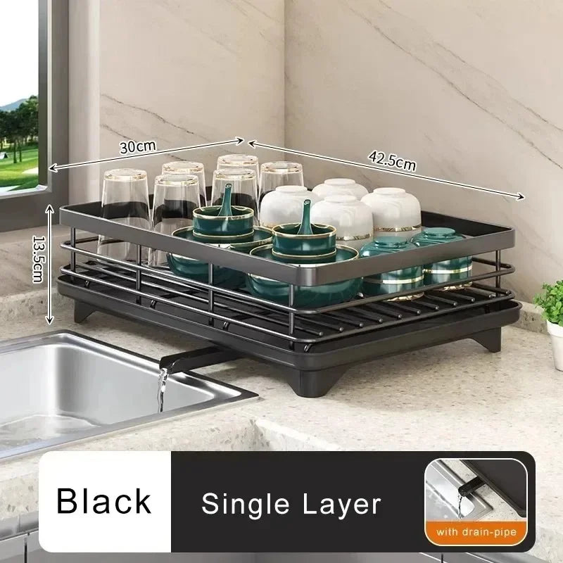 Kitchen Dish Drying Rack with Drainboard & Storage