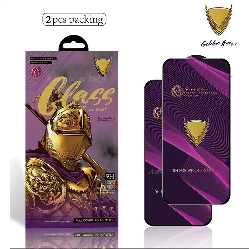 Purple and gold phone screen protectors with packaging and Golden Armor logo.