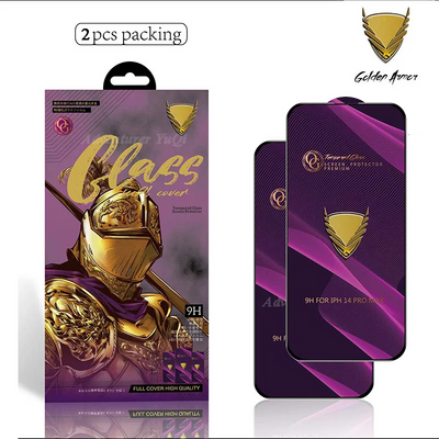 Purple and gold phone screen protectors with packaging and Golden Armor logo.