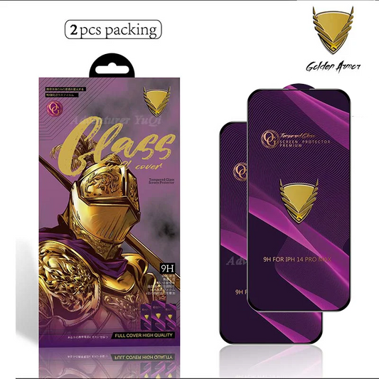 Purple and gold phone screen protectors with packaging and Golden Armor logo.
