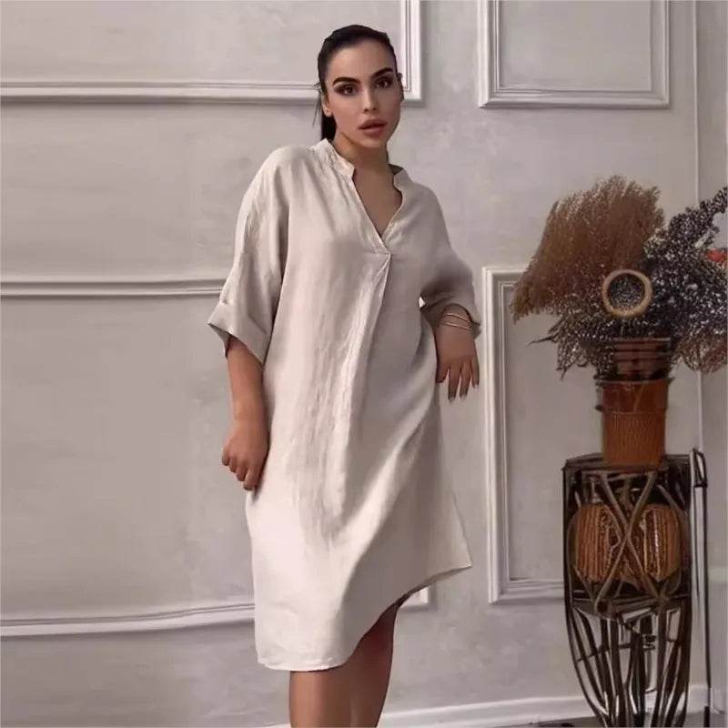 Fashion Cotton And Linen Women's V-neck Loose Dress 2025 Spring And Summer Solid Color Casual Short Sleeved Pocket Midi Dresses - My Chroma Cart