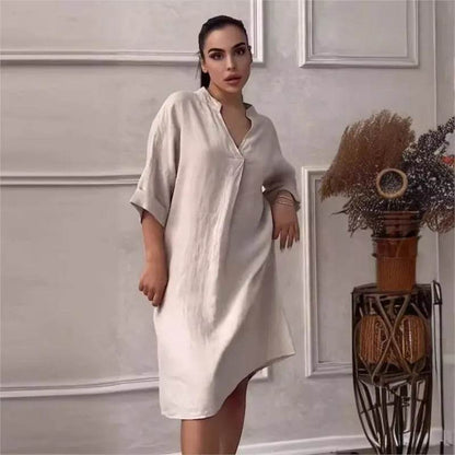 Fashion Cotton And Linen Women's V-neck Loose Dress 2025 Spring And Summer Solid Color Casual Short Sleeved Pocket Midi Dresses - My Chroma Cart