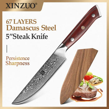 XINZUO 5'' Inch Steak Knife Damascus VG10 Steel Kitchen Knives High Quality Cutter Tools Utility Knife with Rosewood Handle