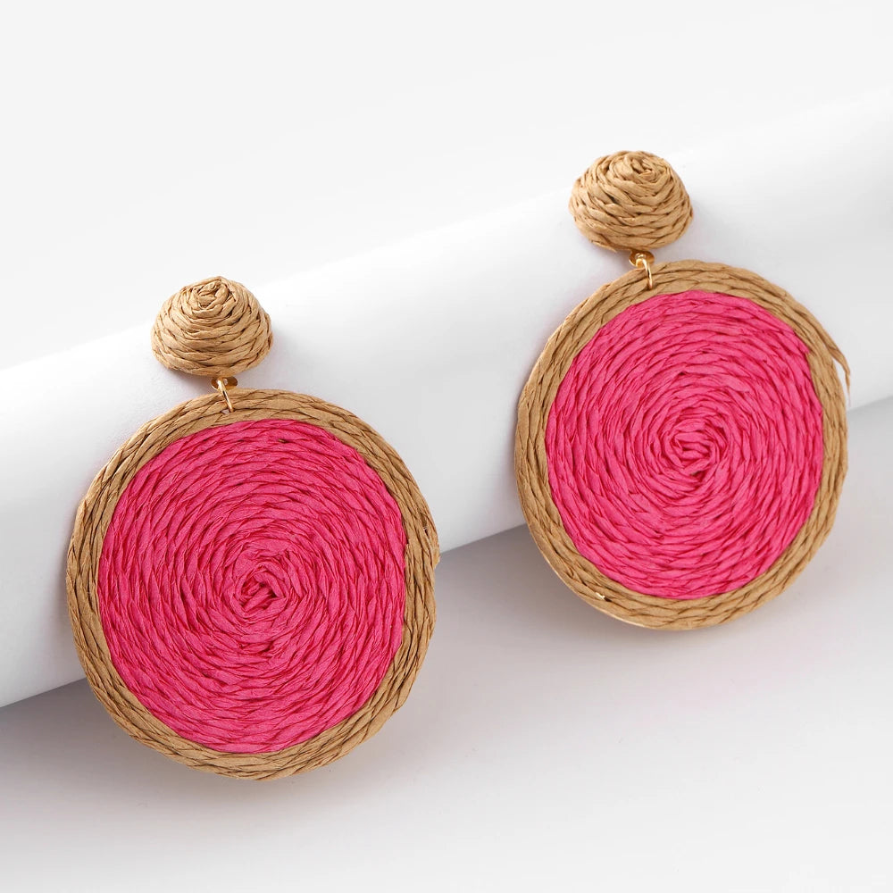 Bohemian Rattan Earrings Straw Wicker Braid Colorful Raffia Round Drop Dangle Earrings for Women Summer Beach Jewelry