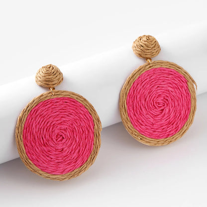 Bohemian Rattan Earrings Straw Wicker Braid Colorful Raffia Round Drop Dangle Earrings for Women Summer Beach Jewelry