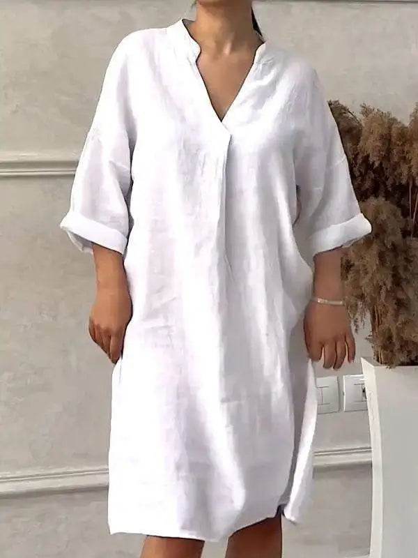 Fashion Cotton And Linen Women's V-neck Loose Dress 2025 Spring And Summer Solid Color Casual Short Sleeved Pocket Midi Dresses - My Chroma Cart