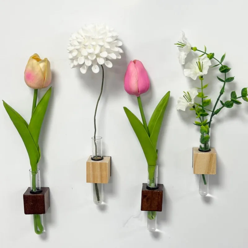 Wood Test Tube Vase Magnetic Flower Decor