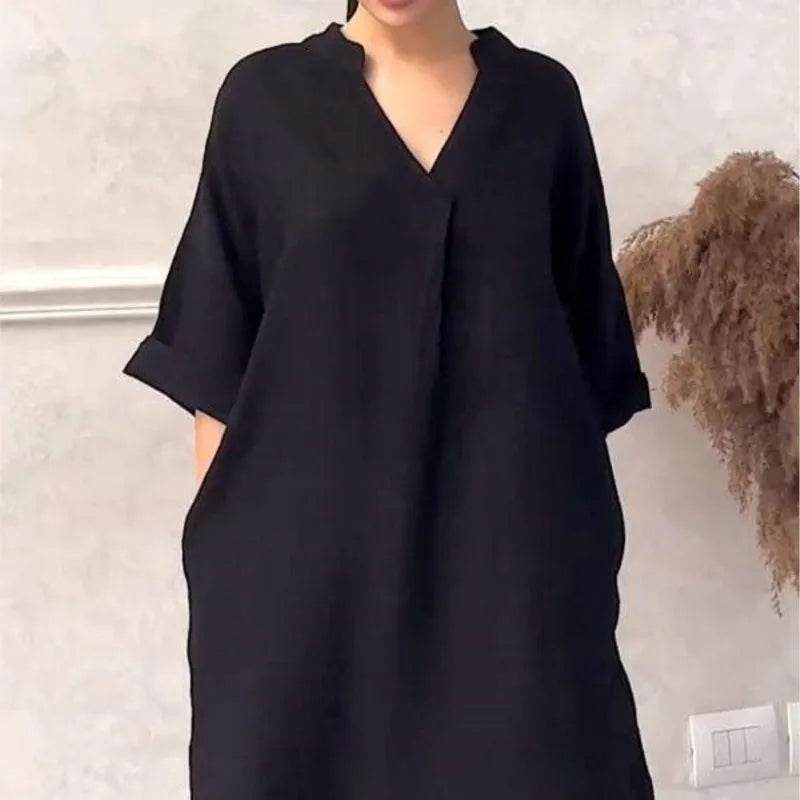 Fashion Cotton And Linen Women's V-neck Loose Dress 2025 Spring And Summer Solid Color Casual Short Sleeved Pocket Midi Dresses - My Chroma Cart