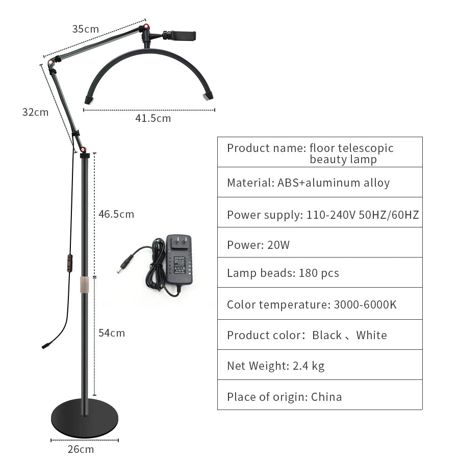 Floor telescopic beauty lamp with dimensions and specifications on a white background
