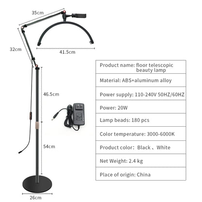 Floor telescopic beauty lamp with dimensions and specifications on a white background