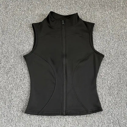 Women's Slim Fit Sport Sleeveless Top Quick Dry Elastic Stand Collar Yoga Fitness Clothing Summer Zipper