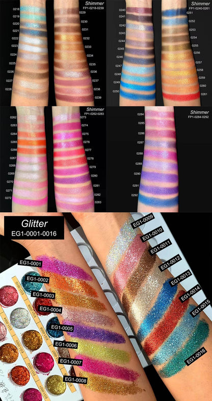 Six vertical arm swatches showing vibrant matte and shimmer eyeshadows in warm, cool, and neutral tones alongside close-ups.