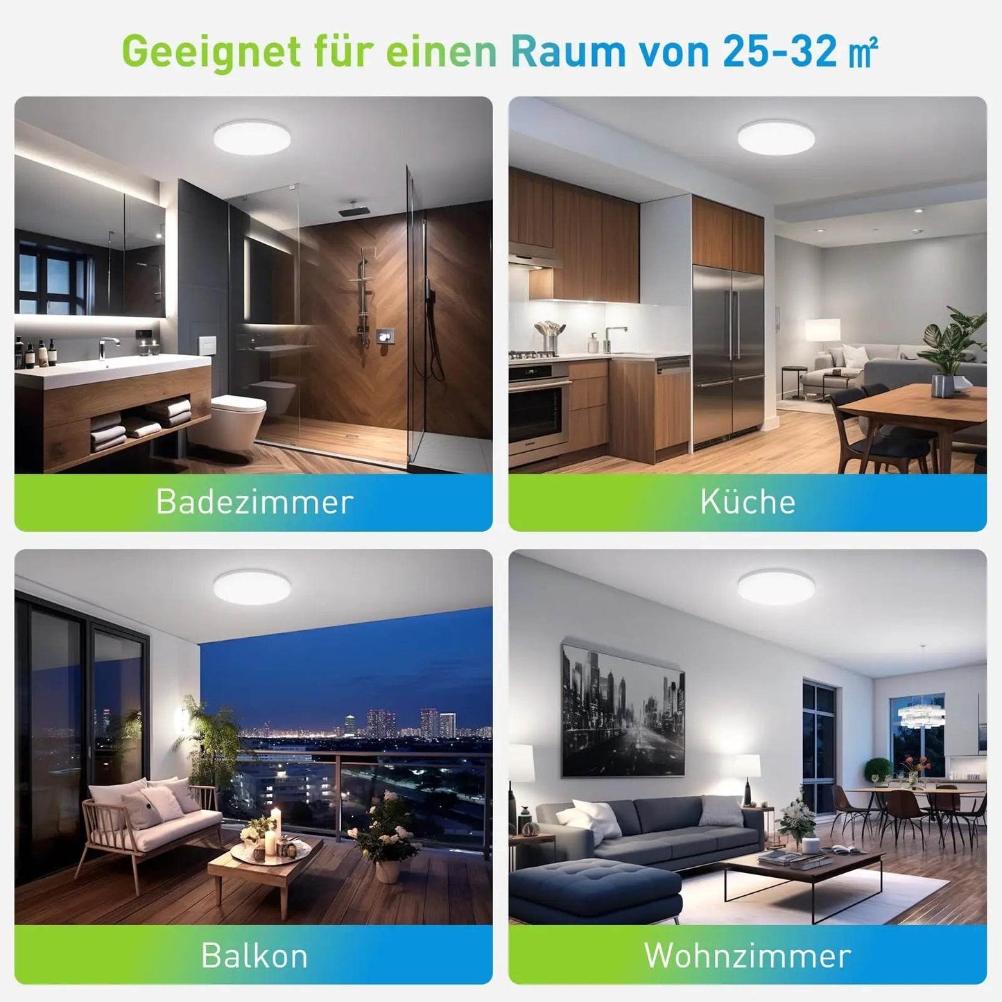Round modern LED ceiling light emitting warm white glow in living room, kitchen, bathroom, and balcony settings.