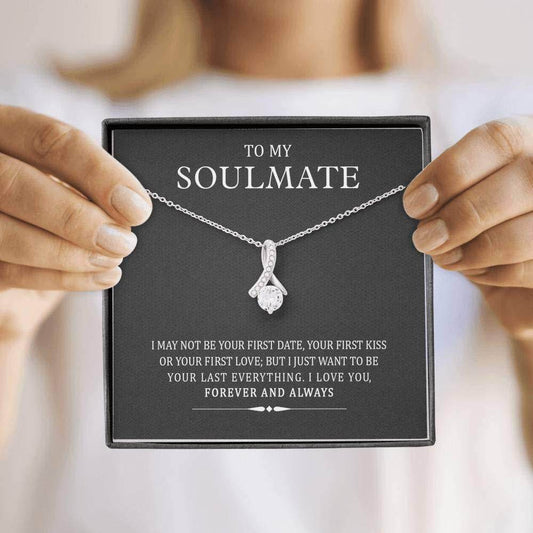 Silver pendant necklace with teardrop design on black card reading "To My Soulmate" and love message.