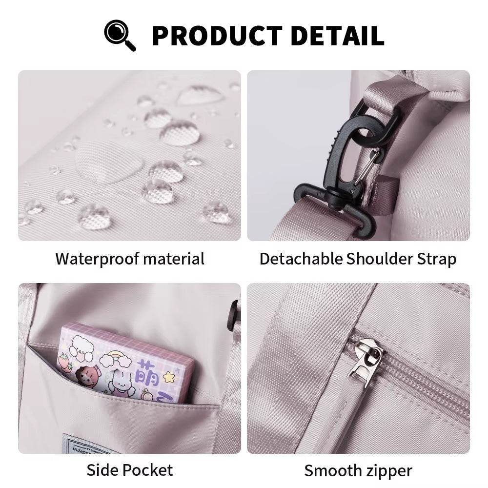 Light purple waterproof duffel bag with smooth zipper, detachable shoulder strap, and side pocket holding a phone.