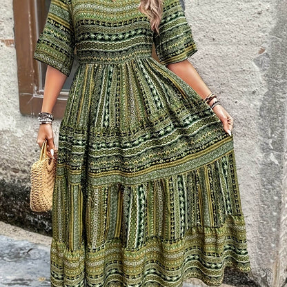 Plus Size All Over Print Tiered Dress, Vacation Notch Neck Short Sleeve Dress, Women's Plus Size Clothing - My Chroma Cart