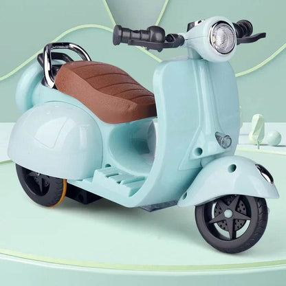 Mini electric motorcycle toy in light blue with brown seat and black wheels.