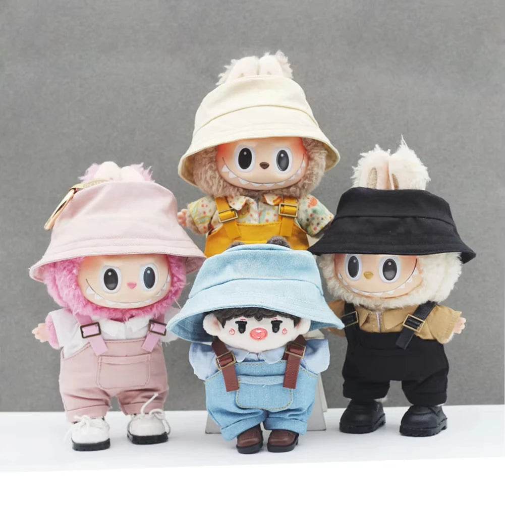 Four 17cm dolls dressed in striped overalls with matching bucket hats and shoes, each in different colors and styles.