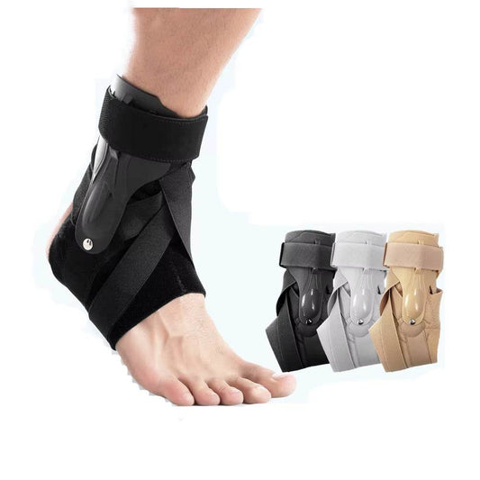 Black ankle foot orthosis brace with adjustable straps and rigid side supports on foot and ankle.