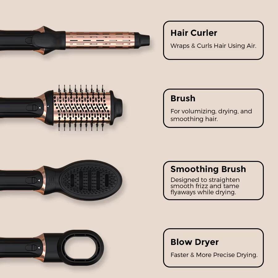 Four interchangeable black hair styling attachments including curling barrel, round brush, paddle smoothing brush, and blow.