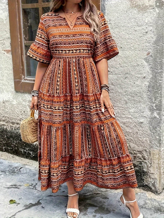 Plus Size All Over Print Tiered Dress, Vacation Notch Neck Short Sleeve Dress, Women's Plus Size Clothing - My Chroma Cart