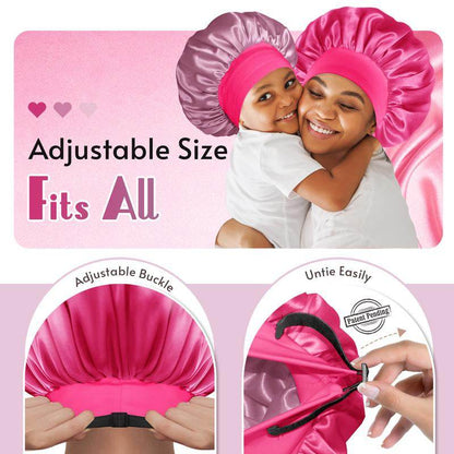Double-layer reversible satin bonnet in dark rose gold and hot pink worn by woman and child, adjustable buckle and untying.