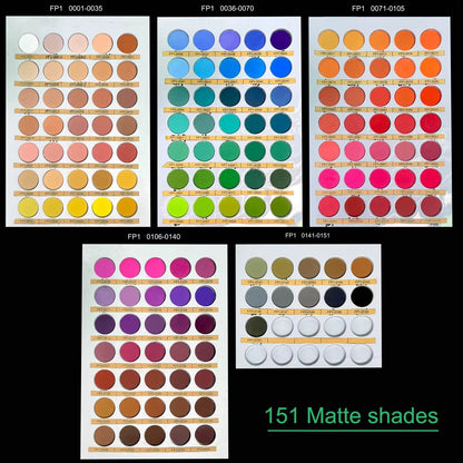 Five eyeshadow palettes with 151 matte shades in various colors including neutrals, blues, greens, oranges, pinks, purples,.