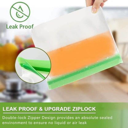 Purple reusable freezer ziplock bag with green double-lock zipper sealing orange liquid inside.