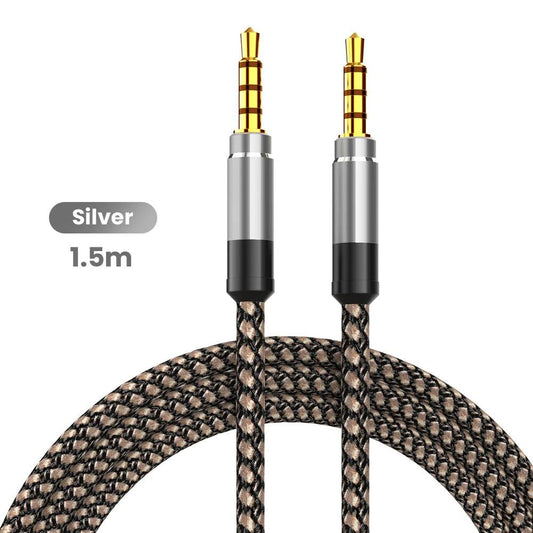 Silver braided nylon 1.5m 3.5mm audio cable with gold-plated male connectors.