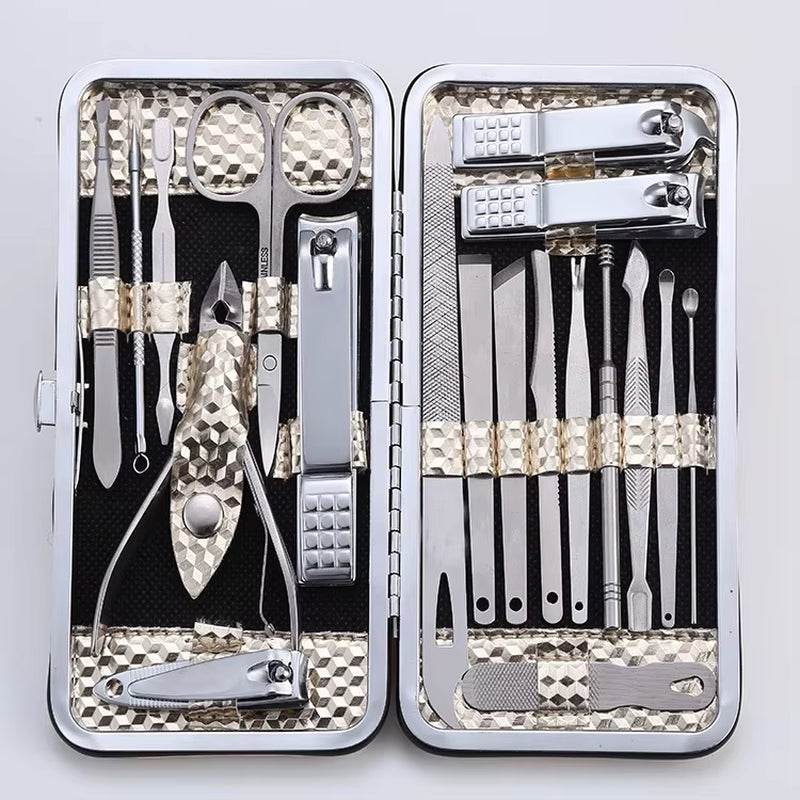 Black 19-piece stainless steel nail grooming kit with clippers, scissors, tweezers, and multiple manicure tools in metal case.