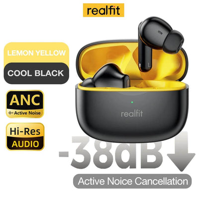 Black wireless earbuds with stem design in open matching charging case with yellow interior, branded realfit.
