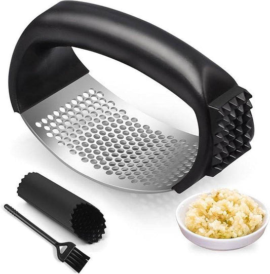 Garlic Press Rocker, Stainless Steel Garlic Mincer and Garlic Crusher, Easy-Squeeze Garlic Tool with Peeler and Cleaning Brush for Smashing Garlic Stainless Steel - My Chroma Cart